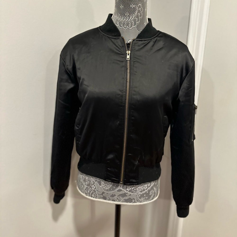 Women’s Seek Sz: S black satin bomber jacket corset-style lace-up back. - Picture 2 of 10